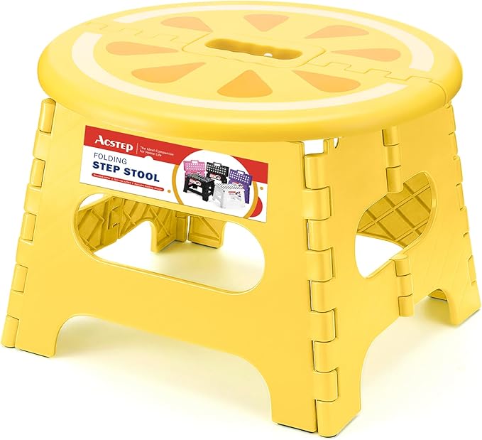 ACSTEP Folding Step Stool 9 Inch, Sturdy Collapsible Step Stool Foldable Up to 265 lb for Kids Toddlers & Adults, Non Slip Foot Stools with Handle for Kitchen, Bathroom, Bedroom, Outdoor, Lemon Yellow