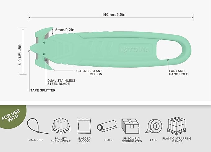 Safety Box Cutter, T TOVIA SK2 Stainless Steel Concealed Blade Package Opener with Tape Splitter for Cartons, Cardboard, Wrap, Straps, Film (10 Pieces - Green)