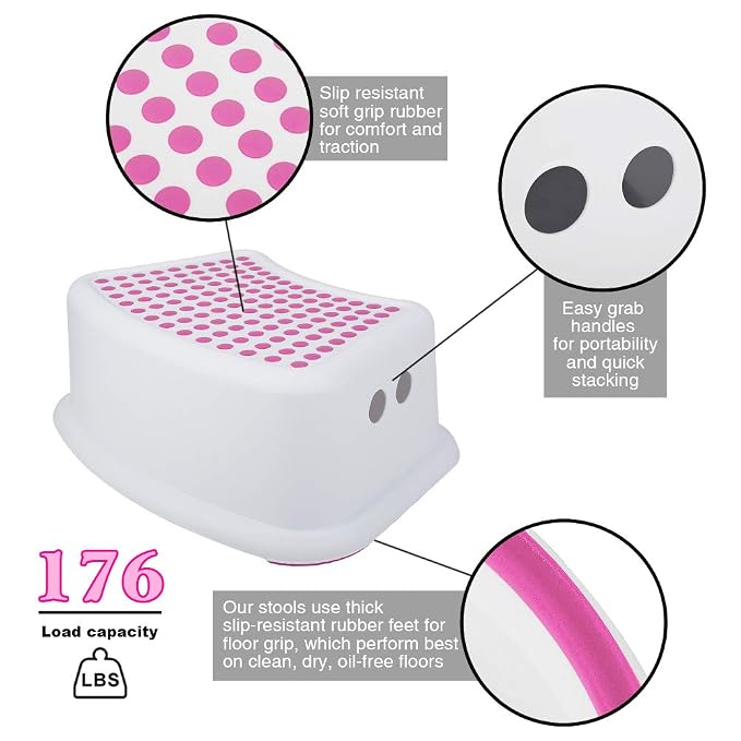 Step Stool for Kids (2 Pack), Toddlers Stool for Potty Training, Bathroom, Kitchen, Bedroom, Toy Room and Living Room. Toilet Stools with Soft Anti-Slip Grips for Safety, Stackable (Pink)