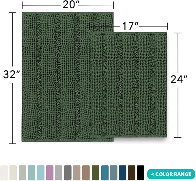 Turquoize Chenille Bath Rugs Shaggy Bathroom Rugs Non Slip Bath Rugs for Bathroom 20 x 32 and 17 x 24 Bronze Green Bath Rug Extra Soft and Absorbent Area Rug, (20" x 32" and 17" x 24"), Bronze Green