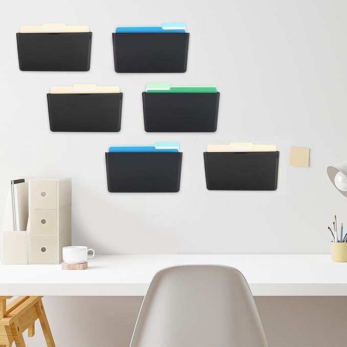 EASEPRES 6 Pack Black Plastic Single Pocket Hanging File Organizer, Wall Mount Paper Mails Magazines Holder, Mounted Folder Bins for Office School and Home, 12.99x4.13x7.48 inches