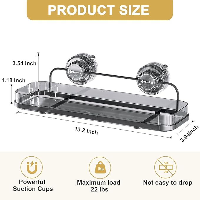 Suction Cup Shower Caddy, Wall Mounted No Drilling Bathroom Shower Organizers Storage Rack, Removable Shelves for Inside the Shower, Black