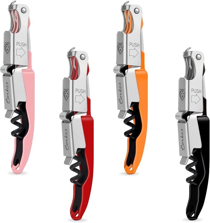 CORKAS Wine Key - Professional Handcrafted Heavy Duty Waiter Corkscrew, Compact Wine Opener with Double Hinged, Foil Cutter and Bottle Opener, Gifts for Severs, Sommelier, Bartenders (4Pack-PRBD)
