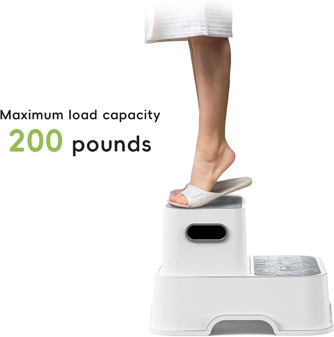 2-Pack Step Stool for Kids – Non-Slip Toddler Step Stool for Bathroom Sink & Potty Training – Heavy Duty 200 lbs, Includes Faucet Extender & Duck Bath Toys (Gray White)