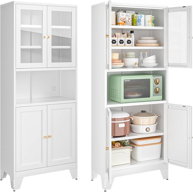 Bevivog 69" Pantry Cabinet,Tall Metal Storage Cabinet with 2 Glass Doors, Freestanding Display Cupboard Tall Bathroom Linen Cabinets with 5 Shelves Storage for Living Room Kitchen Pantry