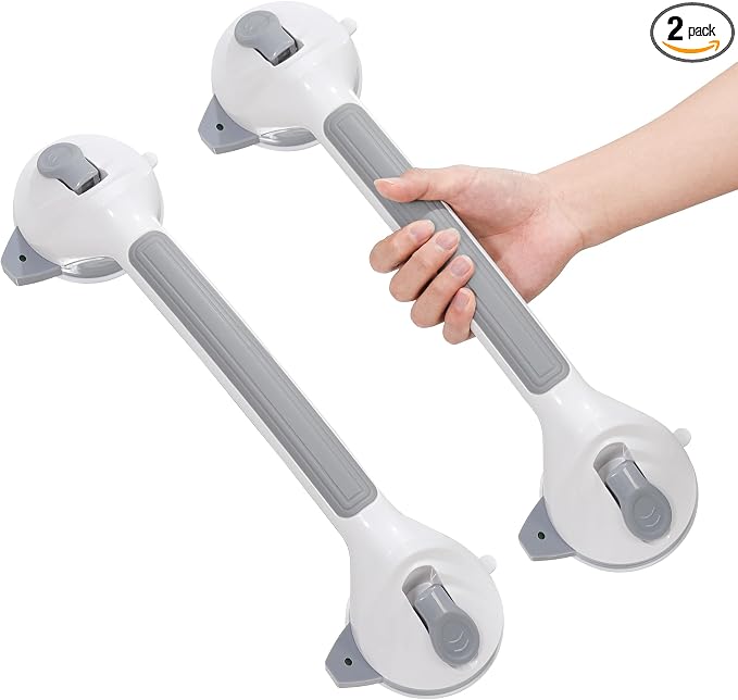 16.5 Inch Shower Handles for Elderly Suction Heavy Duty 300 Lbs (2 Pack), Safety Grab Bars for Shower with Indicators, Removable Shower Handrails for Seniors, Elderly, Handicap, No Drilling (Gray)