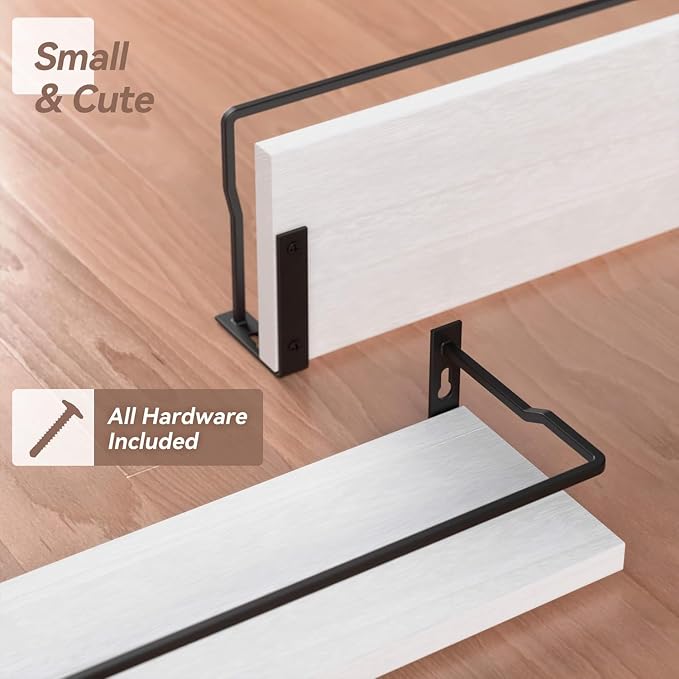 RICHER HOUSE White Bathroom Shelves, Small Floating Wall Mounted Shelf for Bathroom Decor, Guard-Rail Wood Shelving Organizer Over Toilet Kitchen Storage Shelves Set of 2 - White