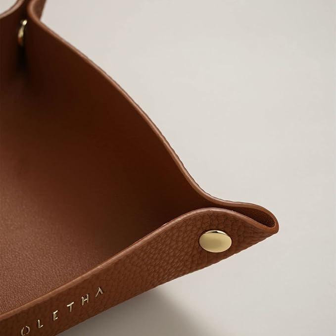 OLETHA Small Foldable Valet Tray - Aesthetic Desk Organizer for Home, Office & Travel - Portable Catch All Bowl for Keys, Jewelry & Essentials - Brown