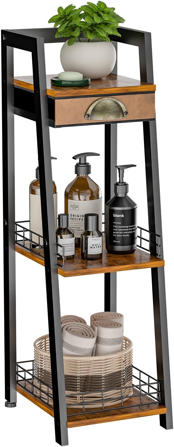 keomaisyto 3-Tier Narrow Bathroom Shelves with Drawer, Bathroom Organizers and Storage, Open Floor Ladder Shelf, Freestanding Tower Slim Standing Unit for Small Spaces - Rustic Brown
