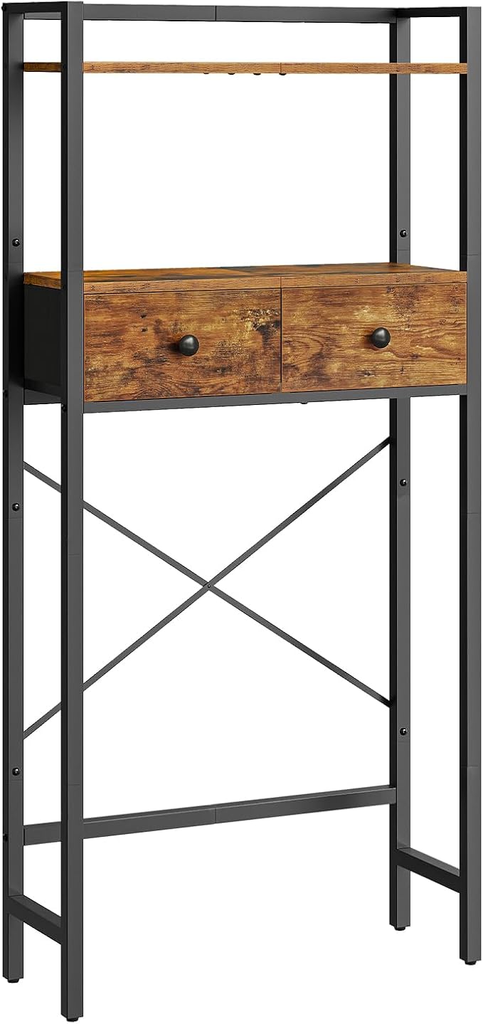 HOOBRO Over The Toilet Storage Rack with 2 Drawers, 3-Tier Bathroom Organizer Shelf Over Toilet, Freestanding Space Saver Bathroom Toilet Shelves Above Toilet for Room, Rustic Brown and Black BF47TS01
