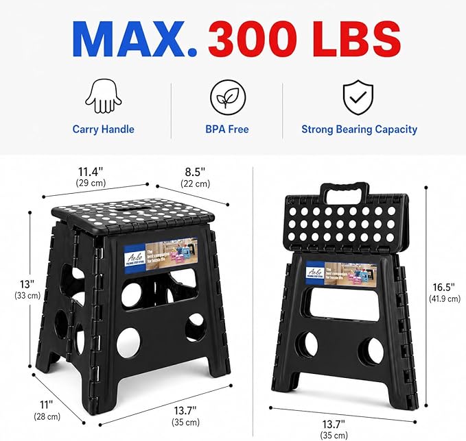 ACKO 2PACK Folding Step Stool - 13" Height Premium Heavy Duty Foldable Stool for Kids and Adults, Kitchen Garden Bathroom Stepping Stool (Black, 2PACK)