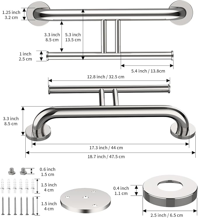 Polished Chrome Grab Bar for Bathroom 17 Inch, Zepolu Stainless Steel 2-in-1 Safety Handrail w/Double Toilet Paper Holder, Wall Mounted Balanced Support Bar Assist Handle for Senior Elderly Handicap
