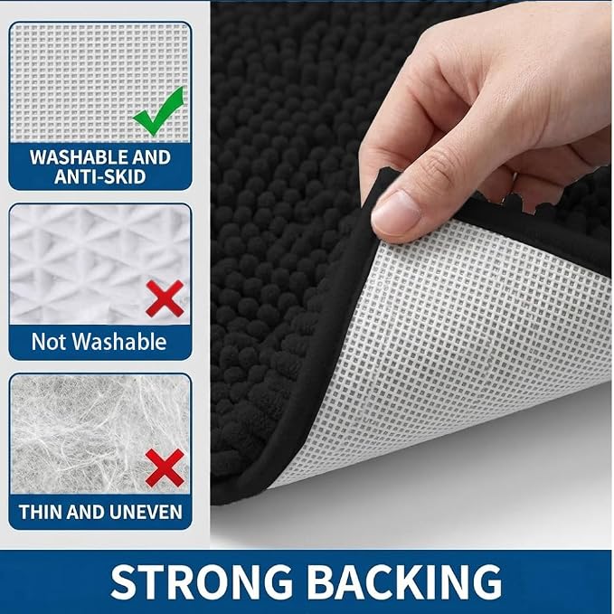Bathroom Rugs Sets 2 Piece,Super Absorbent Chenille Bath Mats and U-Shaped Toilet Rug,Strong PVC Non Slip Backing,Microfiber Washable Dry Quickly Bath Mats for Bathroom(20"x32"+20"x20"U, Black)