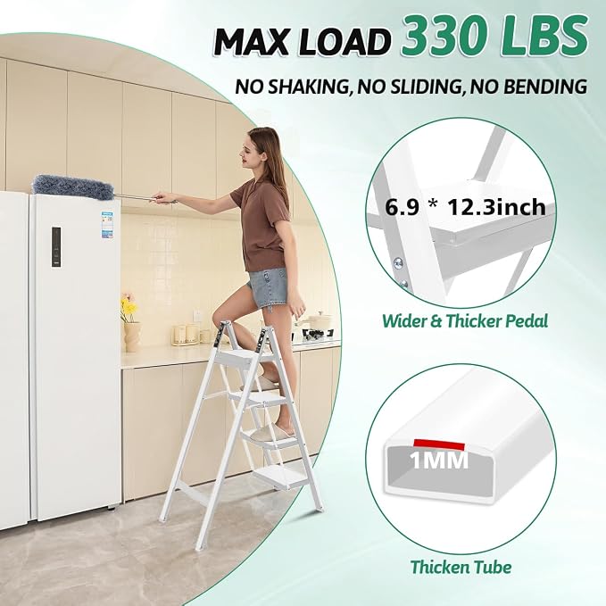 4-Step Folding Ladder, Heavy Duty Ladders for Home & Kitchen, Folding Ladder Easy to Store, Tall Ladder for Adults, Anti-Slip & Space-Saving Step Ladder, 330 Lbs Capacity, White