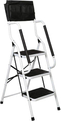 Wiberwi 3 Step Ladder with Handrails 500 lb Capacity Step Stool Folding Portable Ladders for Home Kitchen Steel Frame with Non-Slip Wide Pedal Stepladder with Attachable Tool Bag White