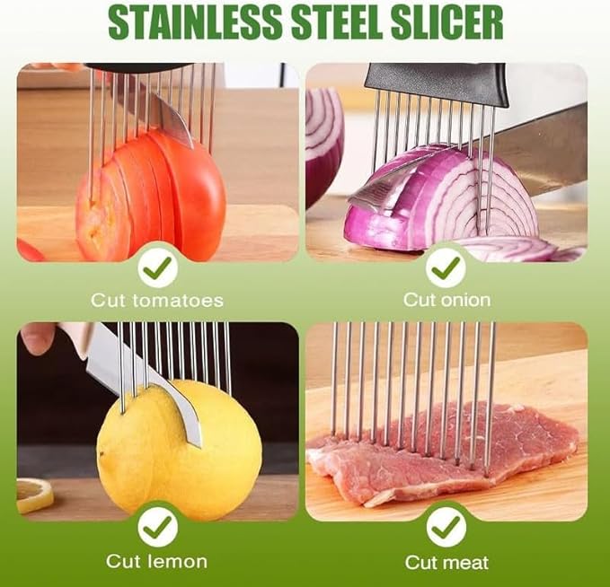 Onion Slice Holder, 2026 New Stainless Steel Onion Slice Holder Lemon Slicer Vegetable Cutter, Multifunctional Chopper Assistant Kitchen Slicer Tool for Fruit, Meat, Tomato, Onion Slicing ﻿ (3pcs)