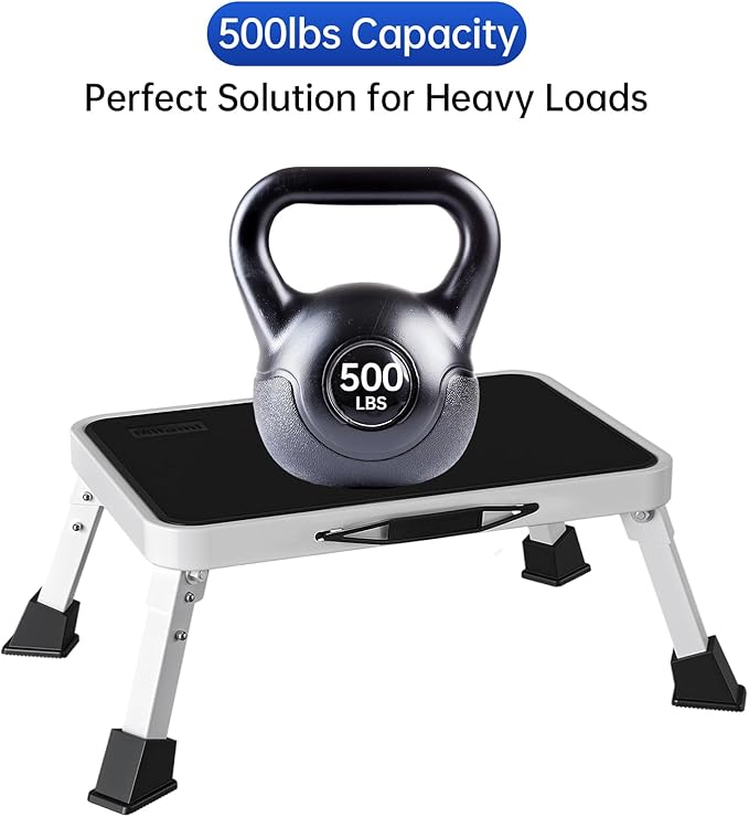 RV Step Stool Foldable 1-Step Stool Ladder Sturdy Metal Stable Step Ladder with a Non-Slip Platform Supports up to 500 lb with Non-Slip Rubber Feet, Easy to Carry (White, One-Step)