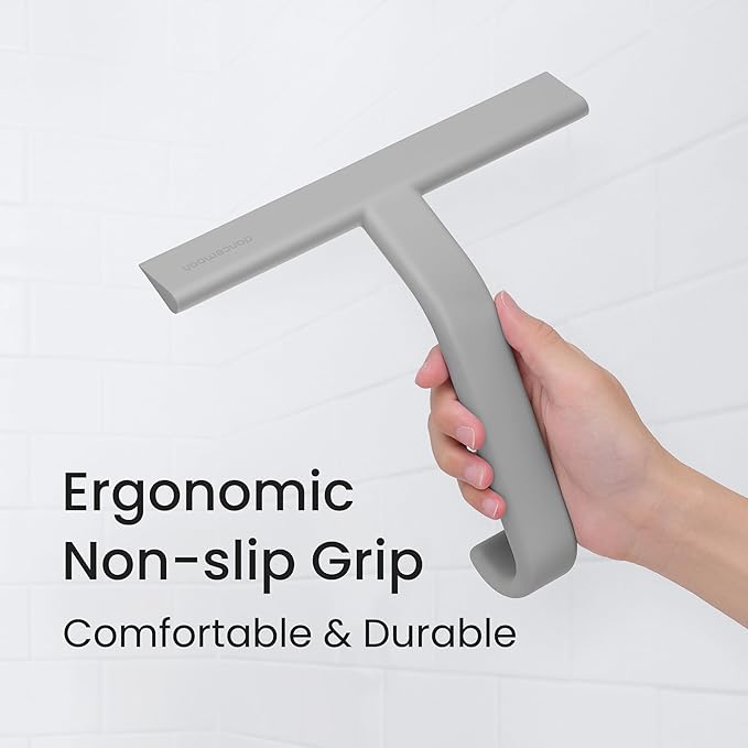 dancemoon JustHang Shower Squeegee for Glass Doors, All-One-Piece Award-Winning Silicone Squeegee with Built-in Hook for Bathroom, Window, Mirror, Tile Wall, Car, Streak-Free Cleaner Tool,10-Inch Gray