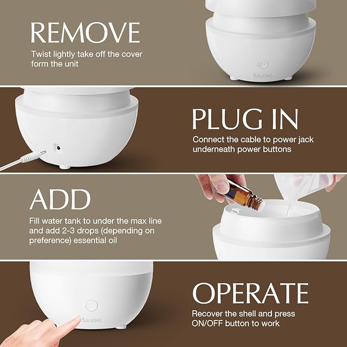 SALKING Essential Oil Diffuser, 100ml Small Aromatherapy Diffuser for Essential Oils, Auto Shut-Off Ultrasonic Diffusers, Cool Mist Humidifier with Warm White Lights, for Office Home (White)