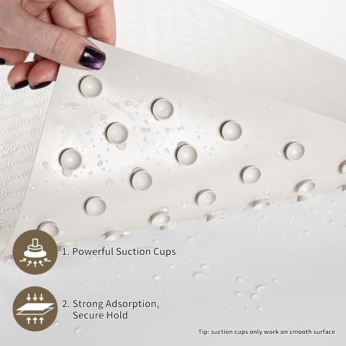 Bathtub Mat Non Slip, Bath Mat for Tub 22.4 x 14 Inches, Shower Mats with Suction Cups, Rubber Shower Stall Mats for Elderly & Kids, Cream White