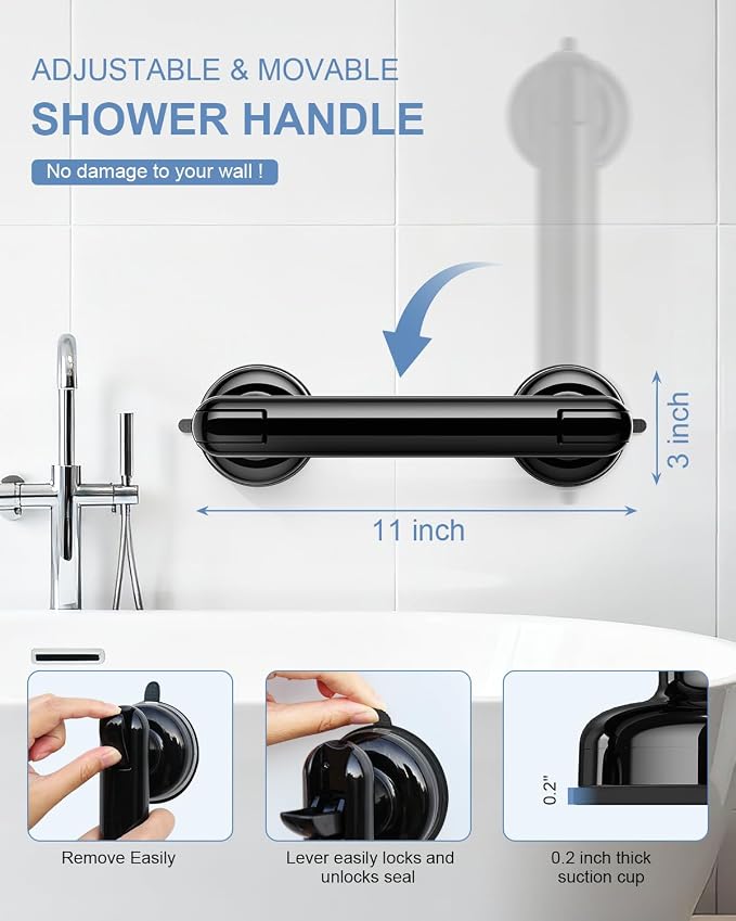 JOTPE 2 Pack Grab Bars for Bathtubs and Showers, No Drilling & Removable Shower Grab Bar Easy to Install, Heavy Duty Suction Grab Bars for Shower, Safety Shower Handle for Balance (11 inch)