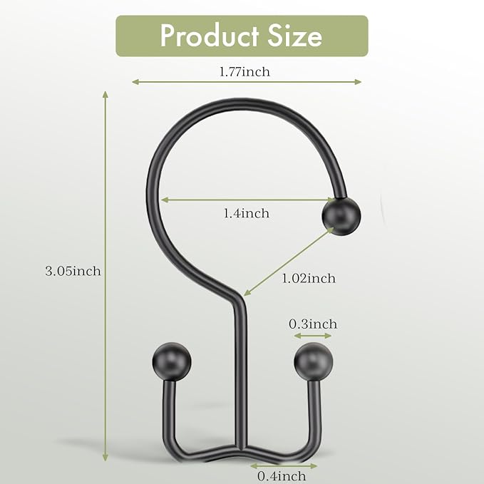 Amazer Shower Curtain Hooks, Black Stainless Steel Shower Hooks for Bathroom Shower Curtain Rod, 12pcs
