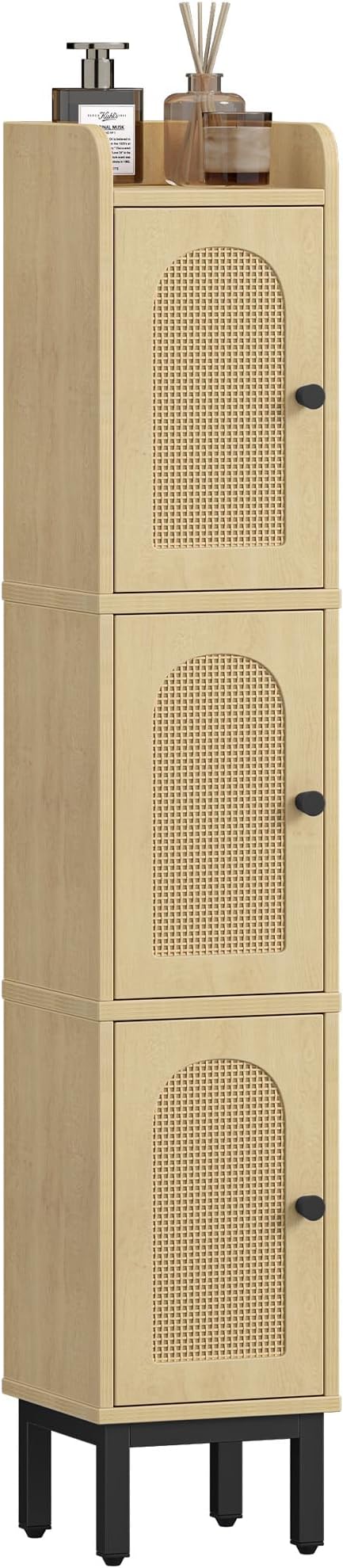 Hzuaneri Slim Bathroom Storage Cabinet, Narrow Bathroom Organizers and Storage with 4 Adjustable Feet, Laundry Room Organization for Small Space, Kitchen, Living Room, 3 Doors Rattan Yellow BC22302Y
