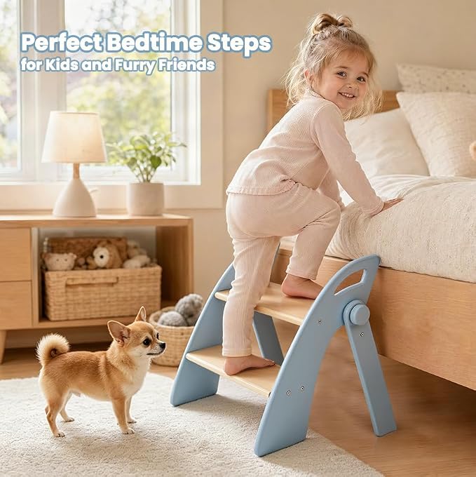 Wooden 2 Step Stool for Toddlers, Foldable 2-Step with Non-Slip Pads and Handles, Bamboo Step Stool for Kids Bathroom Sink and Potty Training, Kitchen Helper, Nursery Bedroom(Blue)