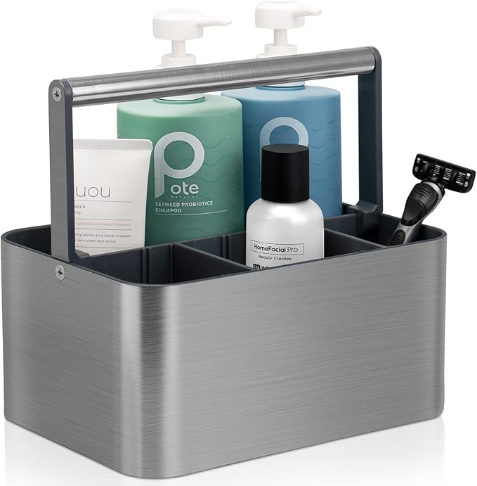 BYUNER Portable Shower Caddy Dorm: Compact Bathroom Caddy Organizer with Handle & Adjustable Dividers, Hard Plastic Shower Basket Storage Tote for Toiletry, College Dorm Room Essentials for Men Gray