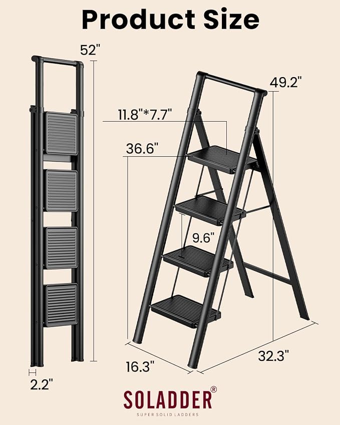 SOLADDER 4 Step Ladder with Handrails, Anti-Slip and Foldable Step Stool with Widen Pedals, Portable Stepladders for Home, Kitchen and Indoor, Space Saving -300lbs (Black)