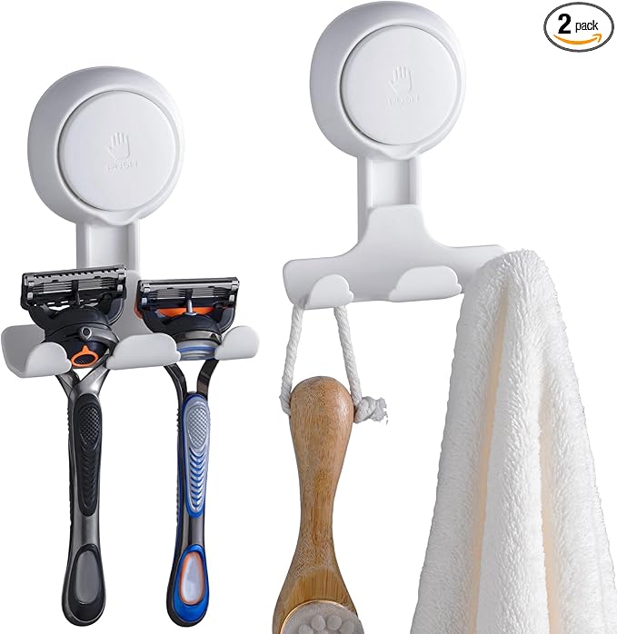 TAILI Suction Cup Razor Holder in Shower 2 Pack, Towel, Loofah, Shaver Holder for Bathroom Wall, Powerful Suction Cup Shower Hooks, Easy to Install and Reuse, White