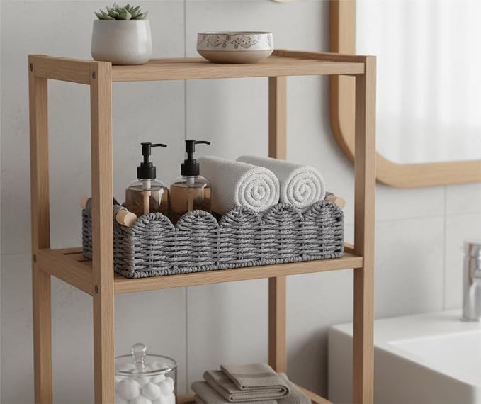 CubesLand Toilet Paper Storage Basket Organizer, Small Wicker Toilet Tank Top Decorative Baskets for Countertop, Handwoven Scalloped Basket w/handle for Home Decor, Living Room, Bedroom, Grey
