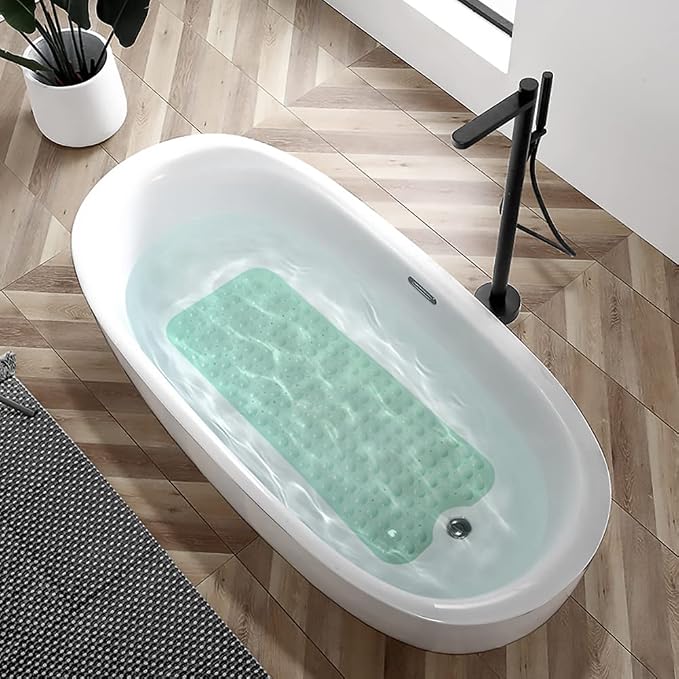 Bathtub and Shower Mats, Extra Long Non-Slip Bath Tub Mat 39 x 16 Inch, Machine Washable Bathmat with Suction Cups & Drain Holes for Bathroom Floor, Pale Green