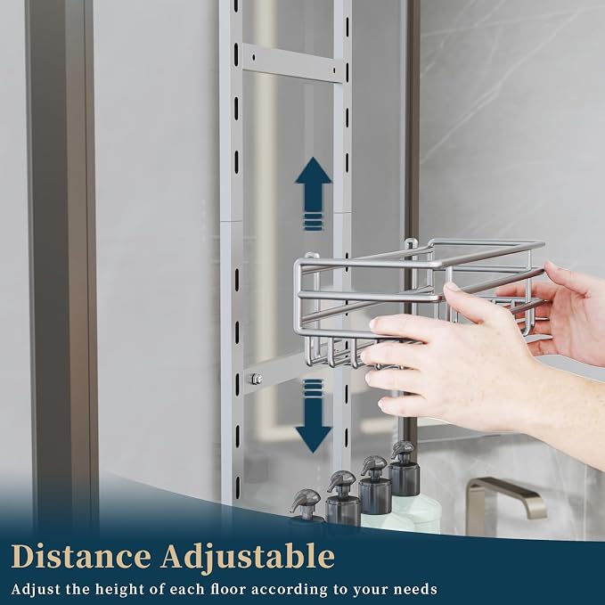 Consumest Over The Door Shower Caddy - 5 Tier Adjustable Shower Organizer Hanging with 2 Toothbrush Holders & 4 Hooks, Rustproof Organizer Shelf, Storage Rack for Bathroom, Silver