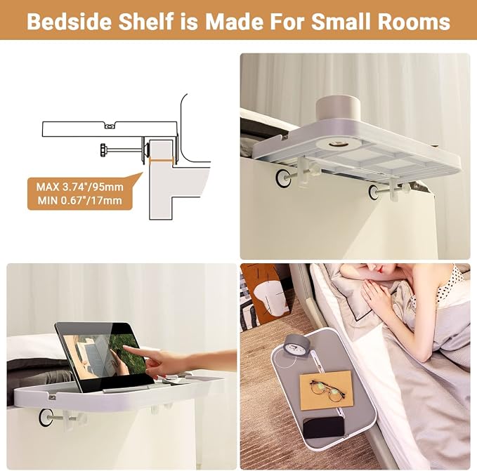 KIWIFOTOS 17" Large Bedside Shelf for Bed Dorm Organizer Clip-on Nightstand, Bedside Tray Table for Bunk Bed College Dorm Room