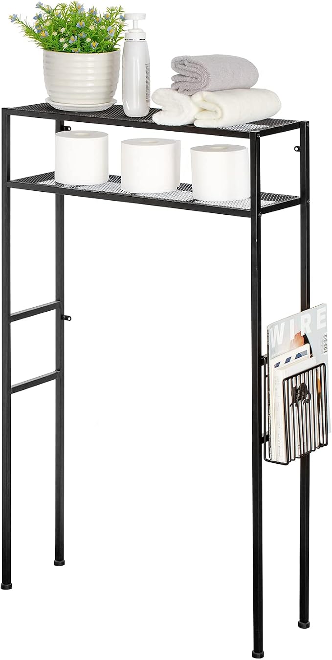 MyGift 2-Tier Over The Toilet Storage Rack, Over Toilet Bathroom Organizer, Freestanding Above Toilet Shelf with Removable Magazine Holder Basket, Black Metal Cabinet for Laundry Space Saver