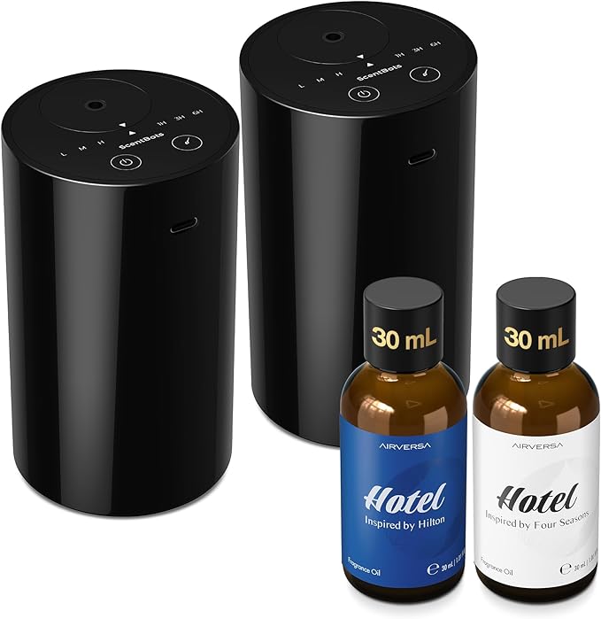 Waterless Essential Oil Diffuser Starter Kit with 2 x 30mL Hotel Scent Fragrance Oil, Battery Operated Scent Air Machine Cordless Portable Diffuser for Home Car, ANZ Black 2PCs Kit