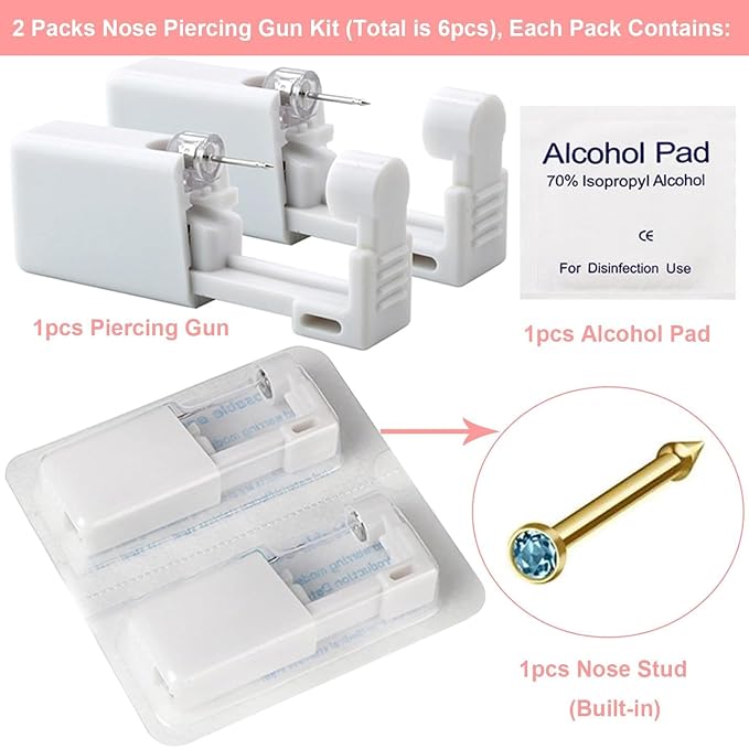 Nose Piercing Gun Kit - 6Pcs Self Nose Piercing Kit Unit Disposable Nose Piercing Gun Including 2Pcs Nose Piercing Gun with 2Pc Built-in Nose Studs and 2Pcs Clean Tools for Nose Cartilage Tragus Helix Piercing Kit(Gold, Blue）