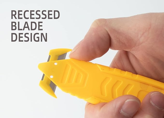 Safety Box Cutter T TOVIA 20 Pcs Safety Utility Cutters of Stainless Steel Blade Package Opener with Tape Splitter for Cartons, Cardboard, Wrap, Straps, Film (Yellow)