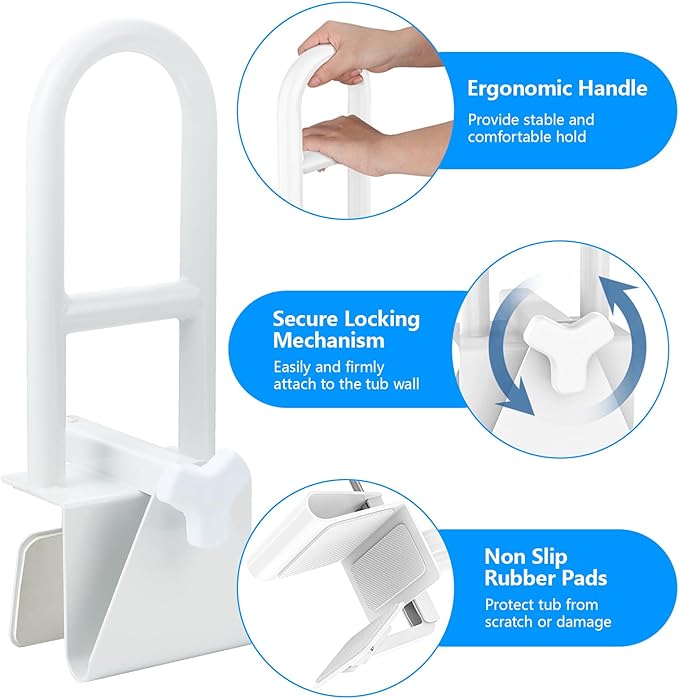 Bathtub Safety Rail, Heavy Duty Bath and Shower Grab Bar for Seniors and Elderly, Safety Assistance Bathtub Handle with Adjustable Clamp, Fits Tub Width 3 to 7 Inches, Supports Up to 300lbs