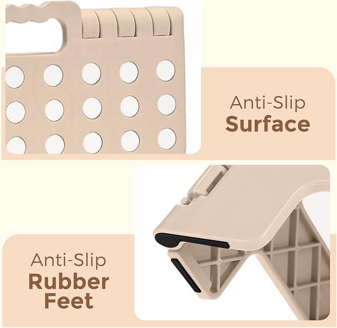 ACKO Folding Step Stool, 13 Inch Non-Slip Foldable Step Stool for Adults & Kids, Up to 300 lbs, Lightweight Collapsible Foot Stools with Carry Handle for Kitchen, Bathroom, Bedroom, Khaki