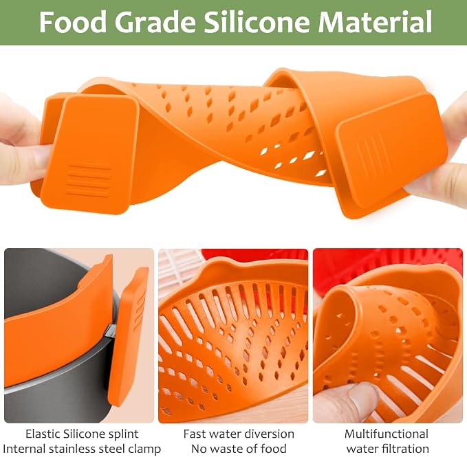 YEVIOR Clip on Strainer for Pots Pan Pasta,Silicone Food Strainer Hands-Free Pan Strainer, Clip-on Kitchen Food Strainer for Spaghetti, Pasta, Ground Beef Fits All Bowls and Pots (Orange)