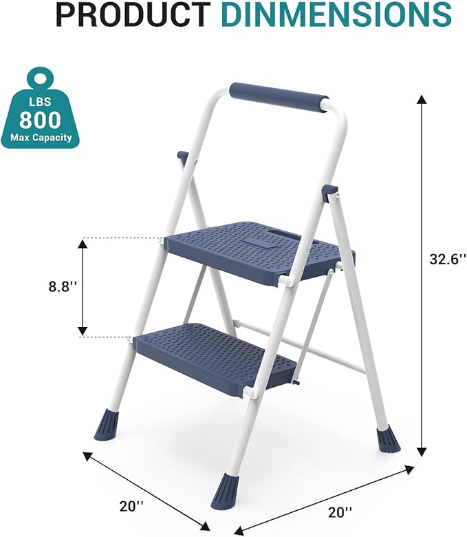 OLIXIS 2 Step Ladder, 880lbs Heavy Duty Sturdy Step Stool with Anti-Slip Pedal & Comfortable Handrail, Portable Step Stool for Kitchen, Garage & Outdoor Use, Blue