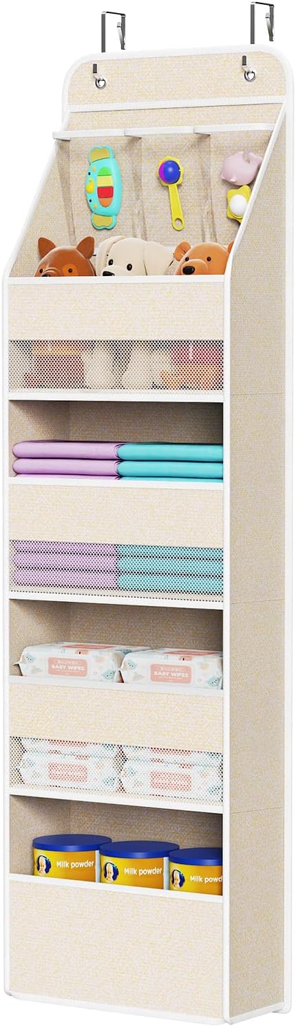 Univivi 5-Shelf Over Door Hanging Organizer Fabric Door Storage with 4 Large Pockets and 3 Small PVC Pockets Wall Mount Hanging Storage Organizers for Baby Nursery (Beige Pattern)
