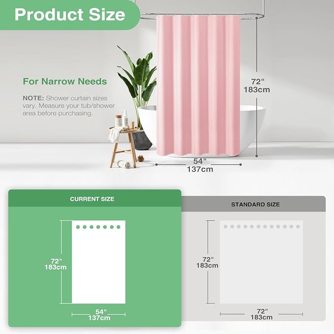 Dynamene Stall Fabric Shower Curtain - 54 inch Wide Waffle Weave Weighted Thick Cloth Shower Curtains for Bathroom, Heavy Duty Hotel Spa Luxury Bath Curtain Set with 10 Hooks, 54x72, Pink