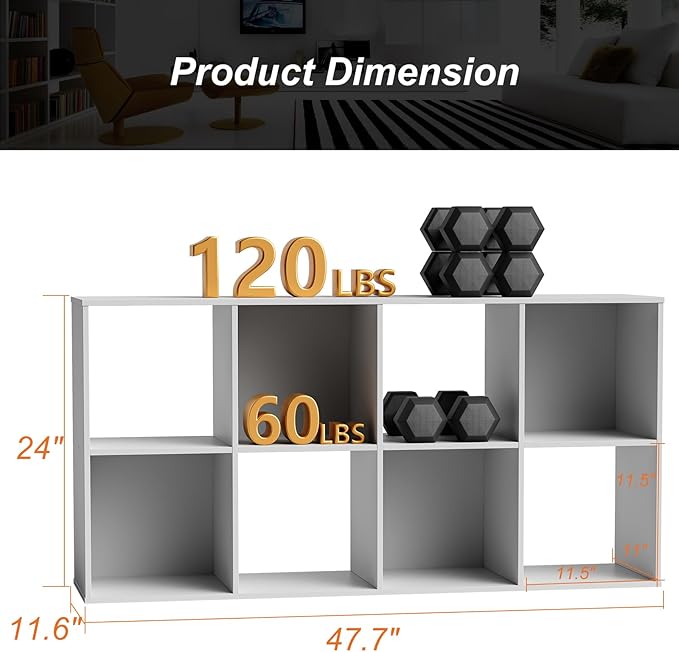 Sweetcrispy 8 Cube Storage Organizer - Open Cube Bookshelf with 4 Removable Back Panels, Display Storage Bookcase for Living Room, Bedroom, Entrance Hall, Home Office，47.7" Lx11.6 Wx24 H, White