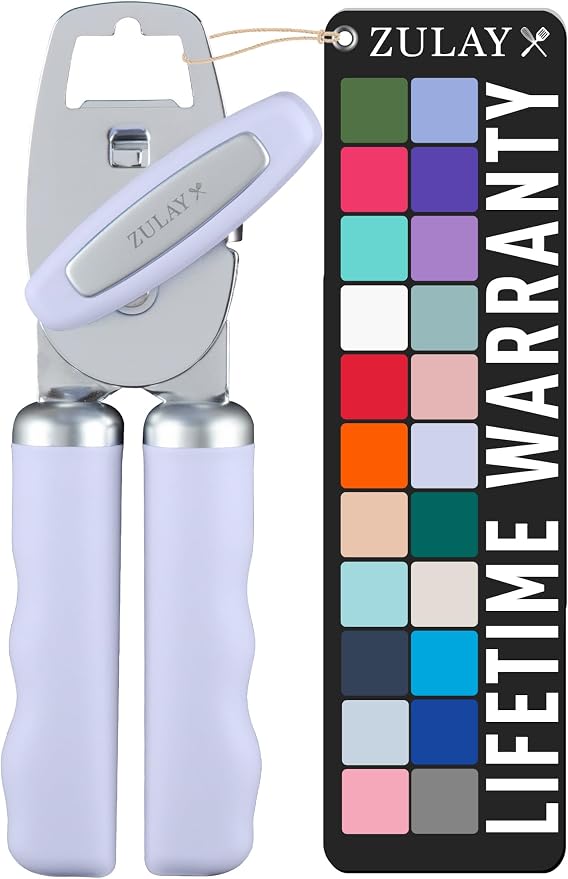 Zulay Kitchen Heavy Duty Stainless Steel Can Opener Manual with Bottle Opener - Rust Proof Manual Can Opener With Turn Knob & Comfy Soft Grip Handles - Airy Lilac