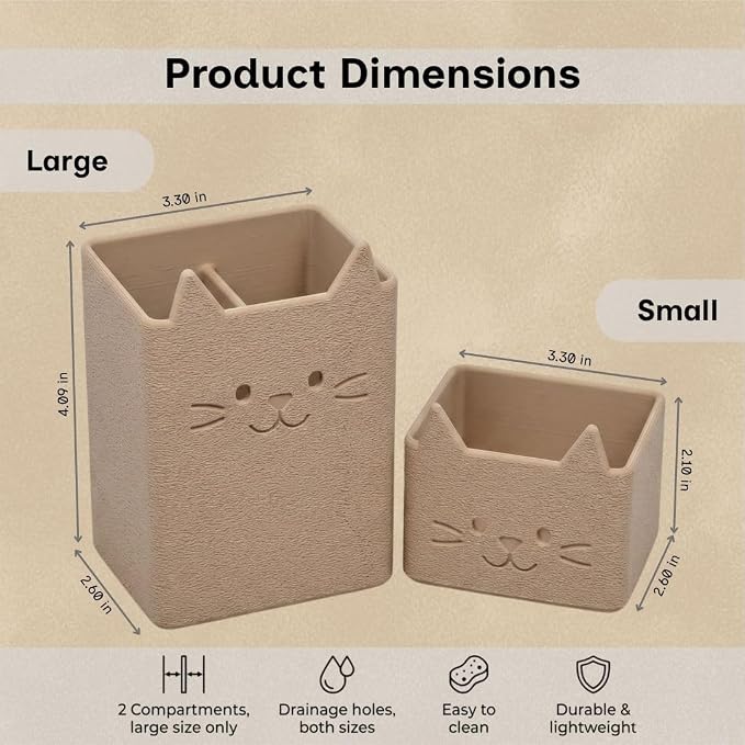 Office Desk Accessories, Set of 2 Pencil Cups, Cute Cat Pen Holder, Cute Desk Decor, Bathroom Organizer, Toothbrush Holders with Drainage, Makeup Brush Organizer, Cat Lover Gifts (Matte Latte Brown)