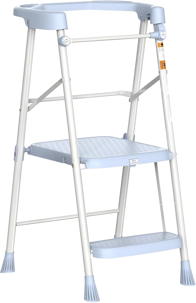 HBTower Kids 2 Steps Step Stool,Toddler Tower for Kitchen Counter Learning,Toddler Kitchen Stool Helper with Anti-Drop Safty Railing Kids Standing Folding Stepper(Blue)