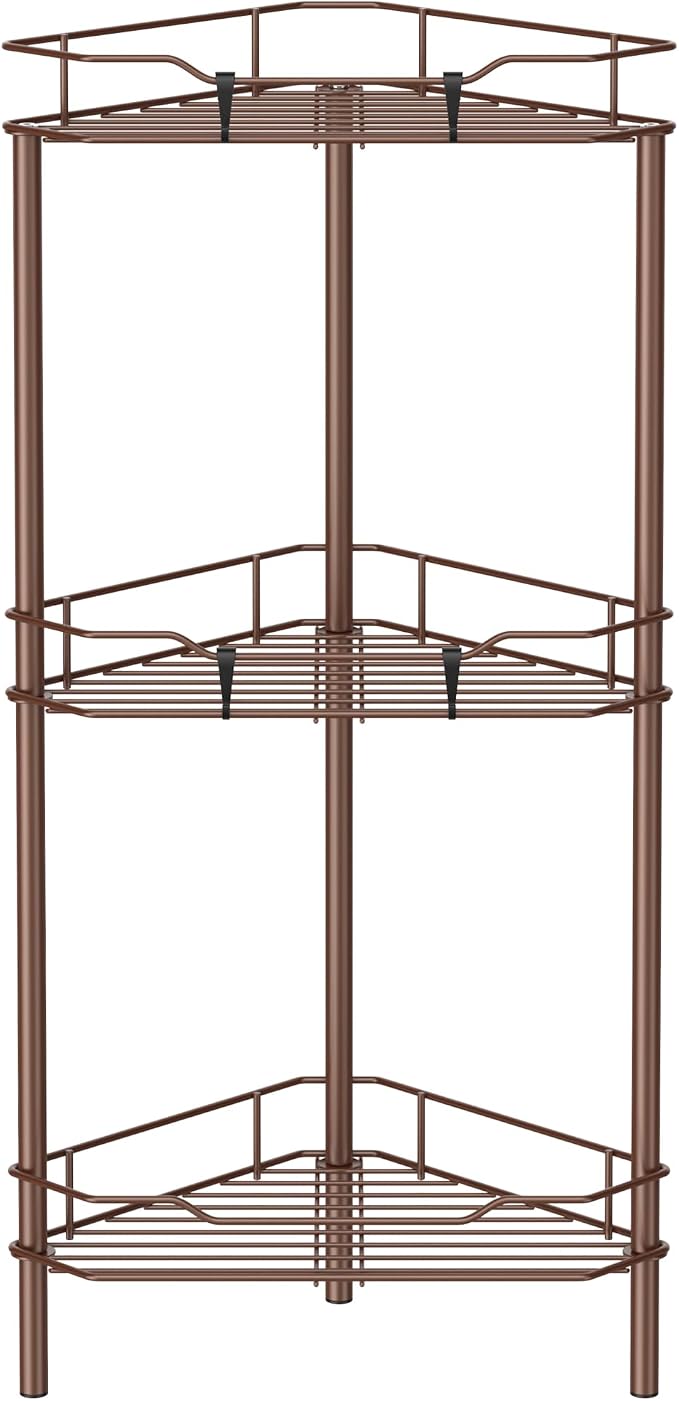 HuggieGems 3 Tier Floor Standing Corner Shower Caddy Organizer Shelf with Hooks, Bathroom Shelves Stand Rack, Coffee
